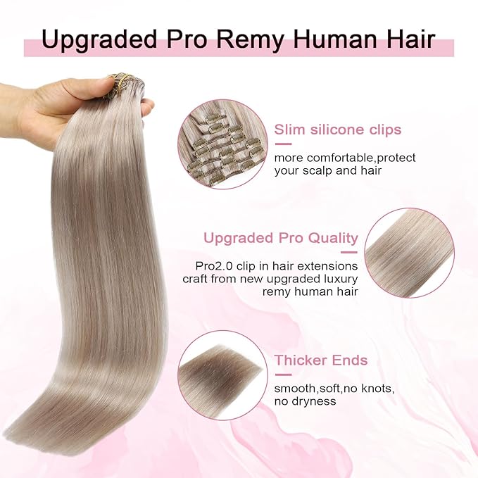 Pro2.0 Clip in Hair Extensions Real Human Hair 22inch 7pcs #18p1000 Ash Blonde with Bleach Blonde Real Hair Extensions Clip in Human Hair 120g Double Weft（#18P1000-22inch）