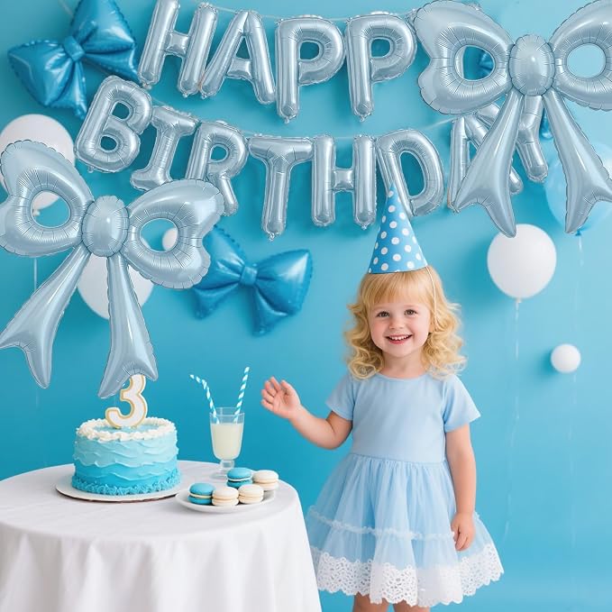 Blue Happy Birthday Balloons, 31”Huge Light Blue Bow Aluminum Foil Balloons - Image 3