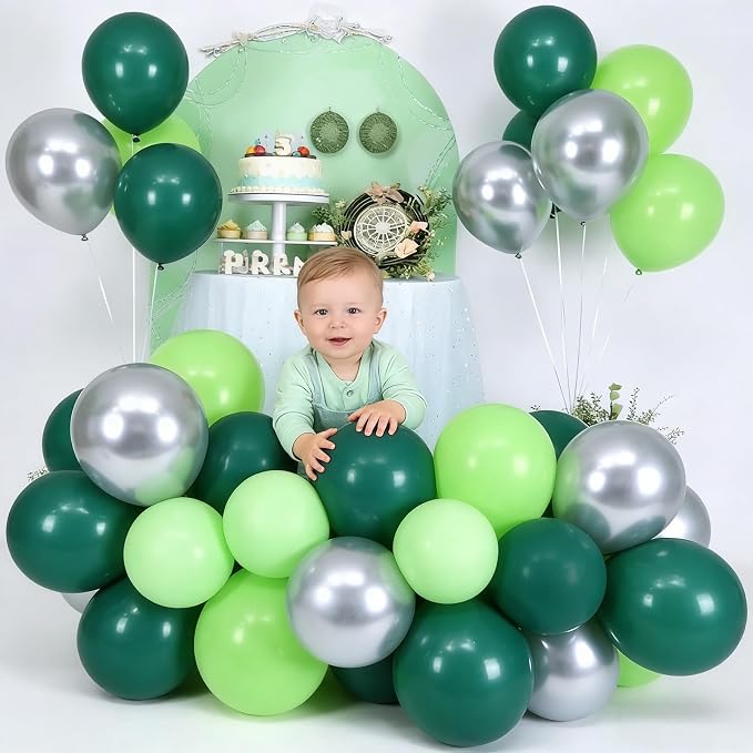Green Balloons, 12 Inch Dark Emerald Lime Green Metallic Silver Latex Balloons - Image 5