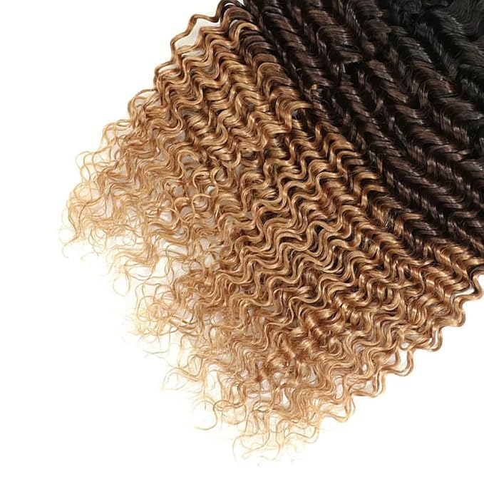 4/27 Deep Wave Bundles Human Hair Honey Blonde Bundle 14 16 18 Inch Brazilian Virgin Remy Hair Extensions Double Weft 3 Tone Brown and Blonde Deep Wave Bundles Hair Weave 300g