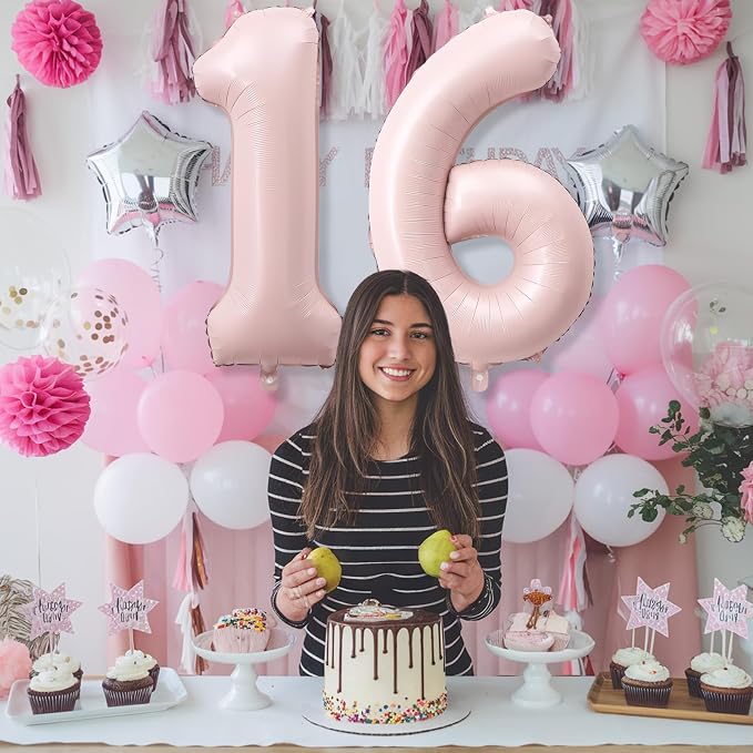 40 Inch 16 Balloon Number, Large Pastel Blush Baby Pink Foil Number 16 Balloons - Image 3