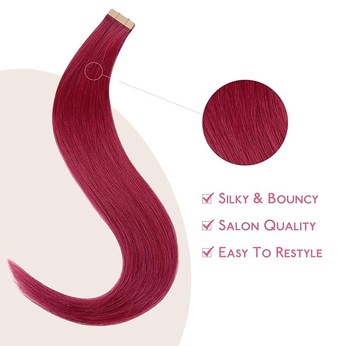 WENNALIFE Tape in Hair Extensions Human Hair Burgundy Red Tape in Extensions, 10pcs 25g 14 inch Remy Invisible Tape Ins Straight Colored Soft Real Human Hair Tape in Extensions Refill Set Extensions