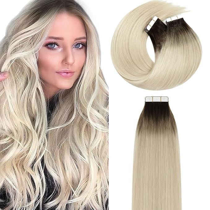 Lacer Human Hair Tape in Extensions Darkest Brown to Platinum Blonde Tape in Hair Extensions Human Hair 24 Inch 20pcs 50g Tape Hair Extensions Straight Seamless Skin Weft Real Human Hair