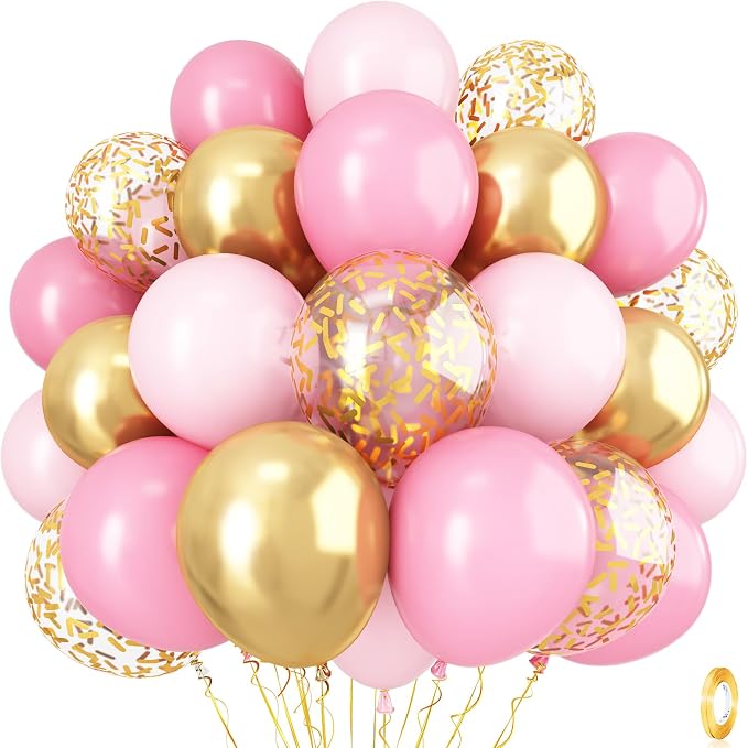 Pink Gold Balloons Set, 12 Inch Matte Pink Pastel Baby Pink Metallic Gold by Isndare
