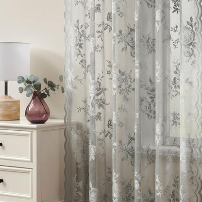 Grey Lace Curtains 63 Inch Length Country Floral Sheer Curtains - Image 4