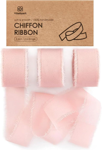 Vitalizart Light Pink Chiffon Silk Ribbon 1" x 21 Yd Handmade Frayed Fringe | by Vitalizart