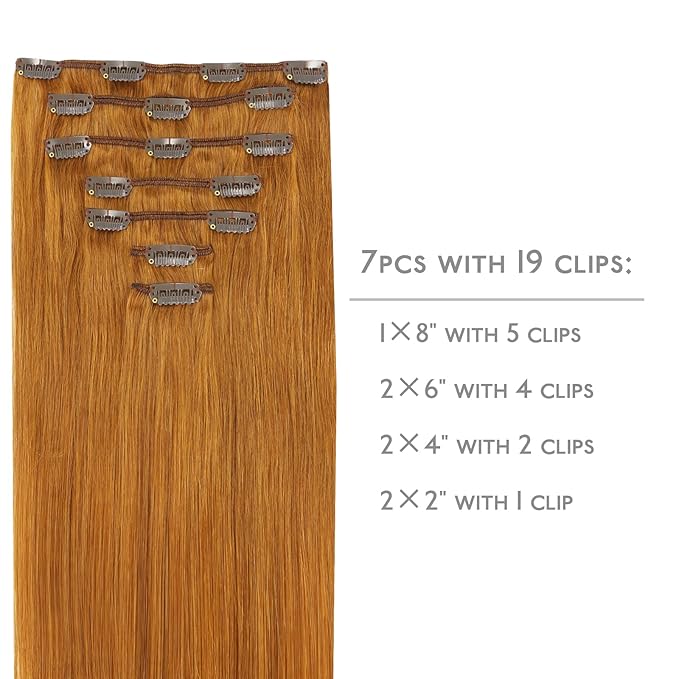WENNALIFE Real Human Hair Clip in Extensions, 22 Inch 120g 7pcs Auburn Ginger Remy Hair Clip Ins Double Wef