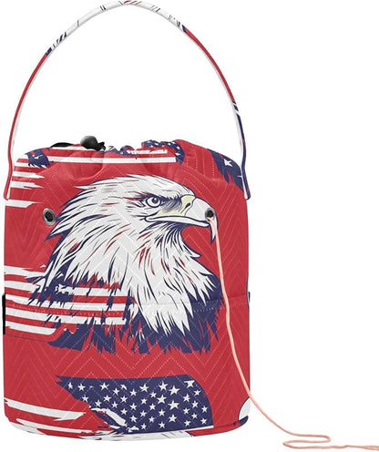 American Flag Bald Eagle Red Yarn Bag Small Crochet Bag Drawstring Yarn Storage by Tatenale