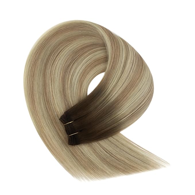 YoungSee Human Hair Weft Extensions Walnut Brown Ombre Light Brown with Blonde Sew in Hair Extensions Balayage Hair Extensions Weft for Natural Look 18Inch 100G