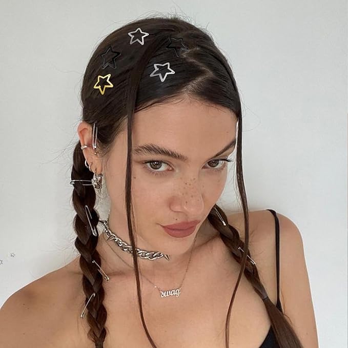 Star Hair Clips 2000s Y2K Black Gold Silver Star Hair Accessories Snap Hair Barrettes Non Slip Metal Hair Clips for Girls Women -30 PCS 1.18"