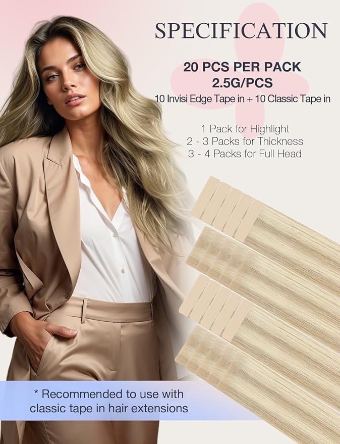 DOORES Invisi Edge Hair Extensions Real Human Hair Tape in, Dark Blonde Highlighted Bleach Blonde 10 Injection Tape-ins with 10 Classic Tape-ins 50g 14 Inch, Injected Tape in Extensions
