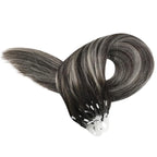 YoungSee Micro Link Hair Extensions Human Hair Ombre Micro Loop Hair Extensions Real Human Hair Silver with Black Balayage Beaded Hair Extension Pre Bonded Hair for Girls 16Inch 50g 50s