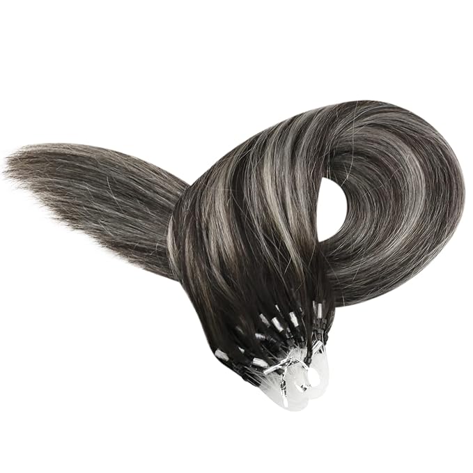 YoungSee Micro Link Hair Extensions Human Hair Ombre Micro Loop Hair Extensions Real Human Hair Silver with Black Balayage Beaded Hair Extension Pre Bonded Hair for Girls 16Inch 50g 50s