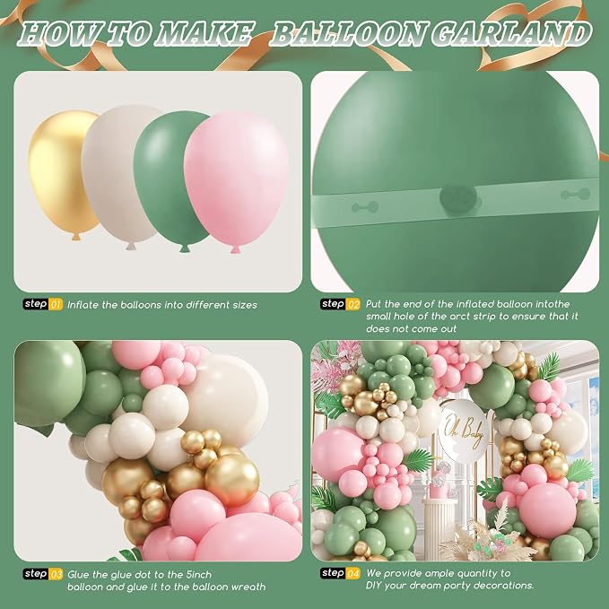 412Pcs Pink and Green Balloon Garland Arch Kit -Different Sizes 18 12 10 5inch - Image 3
