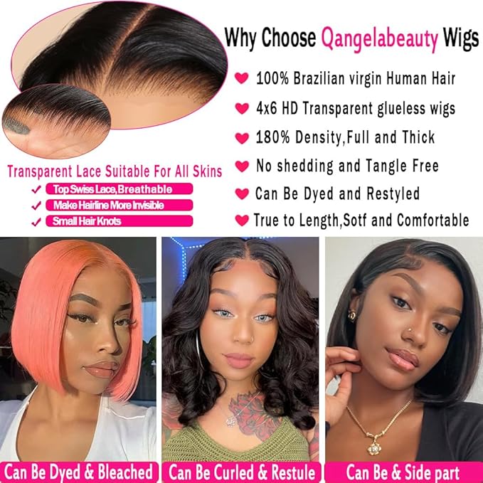 180% Density glueless wig 14 Inch bob wig human hair 4x6 HD Transparent glueless wigs human hair pre plucked pre cut Lace Front Wigs Human Hair for Women