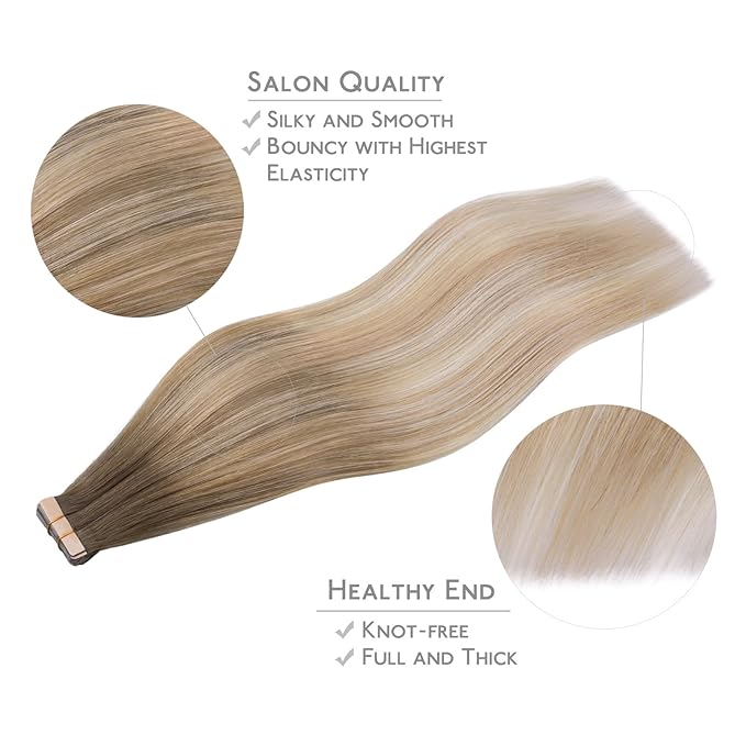 WENNALIFE Tape in Hair Extensions Human Hair, 20pcs 50g 16 inch Balayage Sandy Brown to Platinum Blonde Remy Hair Extensions for Women Tape Ins Straight Extensiones De Cabello Humano Skin Weft