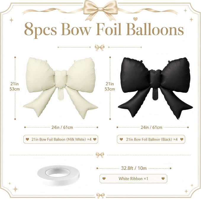 8Pcs Black White Bow Foil Balloons, 21Inch Black and White Bow Shaped Balloons - Image 2