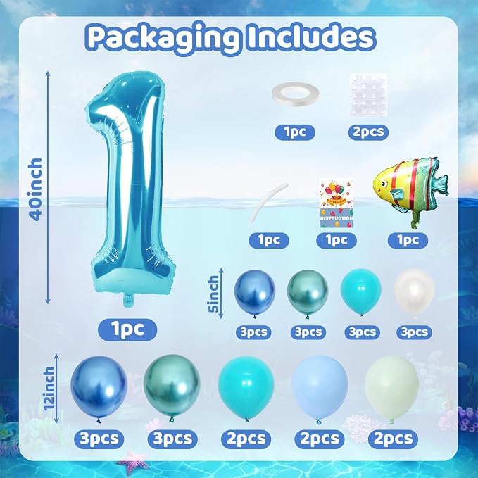Blue Number 1 Balloon 40 Inch Ocean Under the Sea Number One Foil Balloons Tower - Image 2