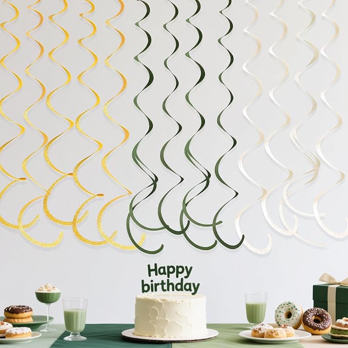 36Pcs Sage Green Gold Hanging Swirl Decorations Glitter Gold Olive Green Beige - Image 7