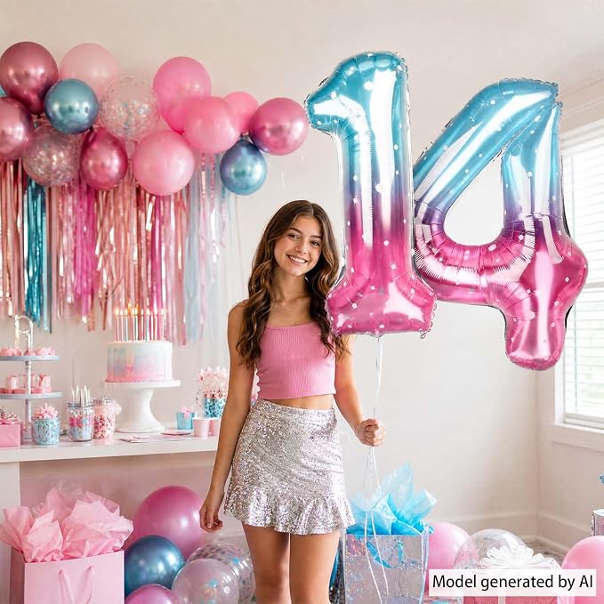 40 Inch Blue Pink Number 14 Balloon, Ombre Foil 14th Birthday Decorations | - Image 6