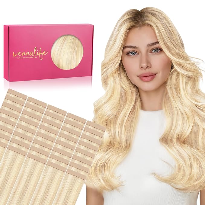 WENNALIFE Tape in Hair Extensions Human Hair, 40pcs 100g 20 inch Balayage Light Wheat Platinum Blonde Hair Extensions Real Human Hair Straight Tape in Extensions Invisible Human Hair Extensions Reusab