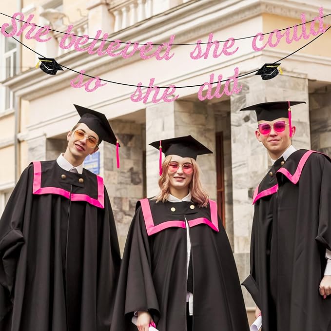 Hoogict She Believed She Could So She Did Pink Graduation Banner Decorations - Image 8