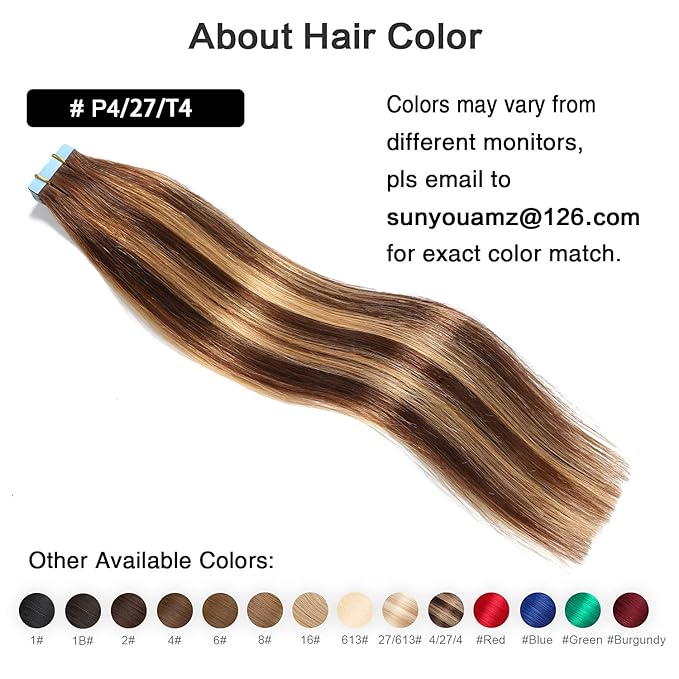 SUYYA Tape in Hair Extensions Human Hair Ombre Chocolate Brown to Caramel Blonde Remy Hair 18 inches 20pcs 50g/pack Straight Seamless Weft Tape in Human Hair Extensions Balayage(18 inch #P4/27/T4)