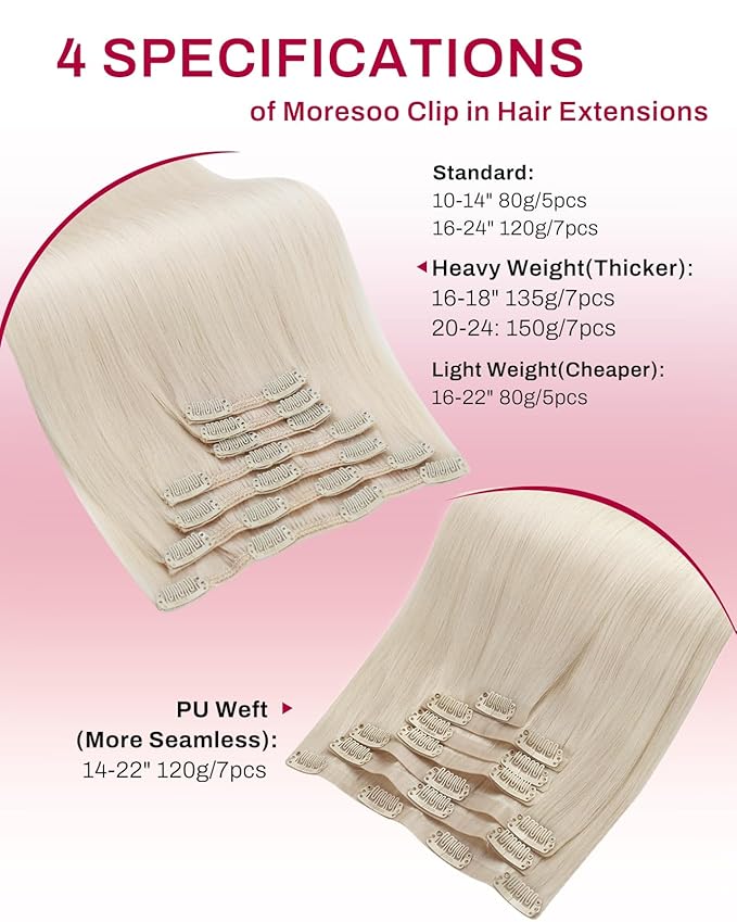 Moresoo Clip in Hair Extensions Real Human Hair Blonde Human Hair Extensions Clip ins Remy White Blonde Thick Straight 150g/7pcs 20 inch