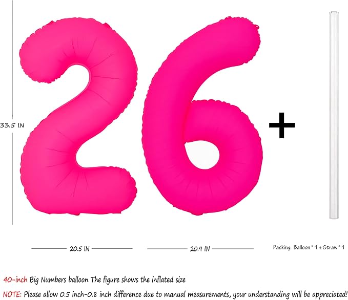 Pink Birthday Number 26 Balloons 40IN Fluorescent Pink 62 Foil Balloon | - Image 2