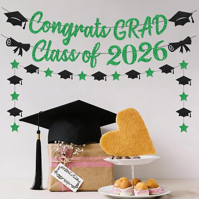 Black and Green Graduation Banner 2026, GlitterGreen Class of 2026 Banner - Image 2