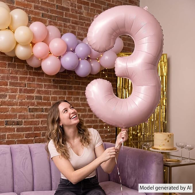 Baby Pink Number 3 Balloon 40 Inch, Muted Pastel Foil Digit Party Supplies | - Image 2