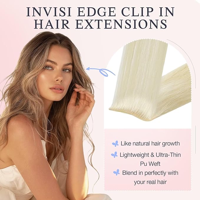 DOORES Invisi Edge Clip in Hair Extensions 16 inch 110g 7pcs, Virgin Real Human Hair PU Clip in Extension Invisible Seamless Natural Thickening Hairstyle, 60A Platinum Blonde