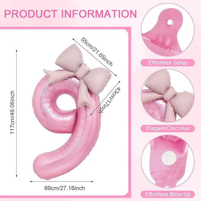 Bow Pink 9 Balloons, 40 Inch Giant Pink Bow Helium Foil Number 9 - Image 2