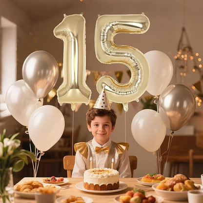 Champagne Gold Large Number 15 Balloon, 40 Inch Light Gold Foil Helium Number - Image 4