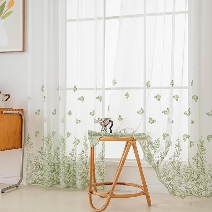White Sheer Voile Curtains Green Embossed Butterflies 72 Inches | Light by VISIONTEX
