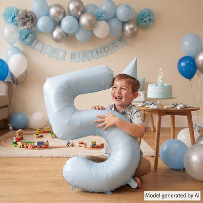 Baby Blue Number 5 Balloon 40 Inch, Sky Pastel Foil Numeral Party Supplies | - Image 6