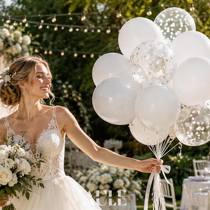 AULE 42Pcs Latex 12 Inch White Confetti Balloons Set | White Party Balloons - Image 4