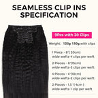 Lashey Seamless Clip in Hair Extensions Human Hair 130g 18 Inch 9pcs #1 Jet Black Kinky Straight Full Pack Clip in Hair Extensions for Women