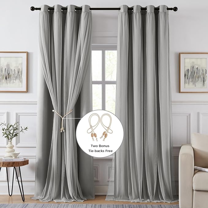 100% Blackout Curtains for Bedroom, Double Layer Grey Curtains, Room Darkening - Image 2