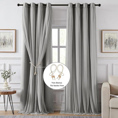 100% Blackout Curtains for Bedroom, Double Layer Grey Curtains, Room Darkening - Image 2