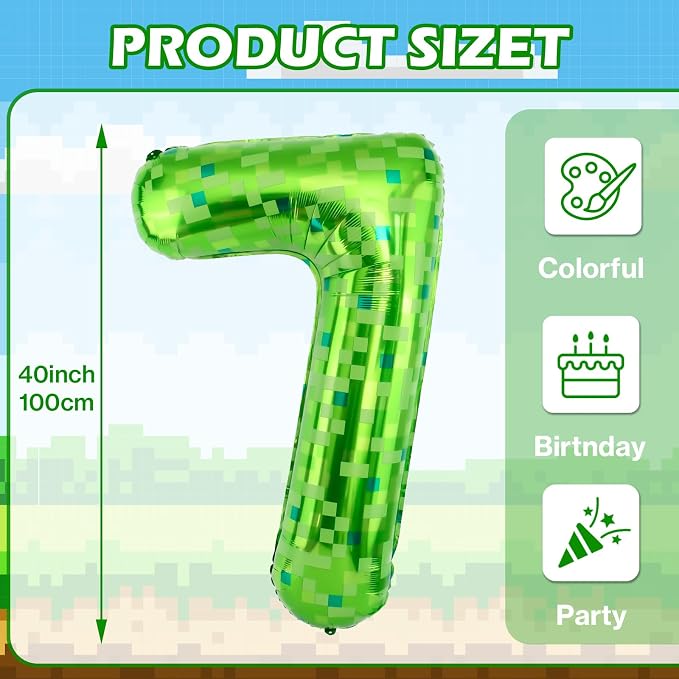 40 Inch Giant Green Pixel Miner Theme Number Balloons 40 Inch Foil Party - Image 2