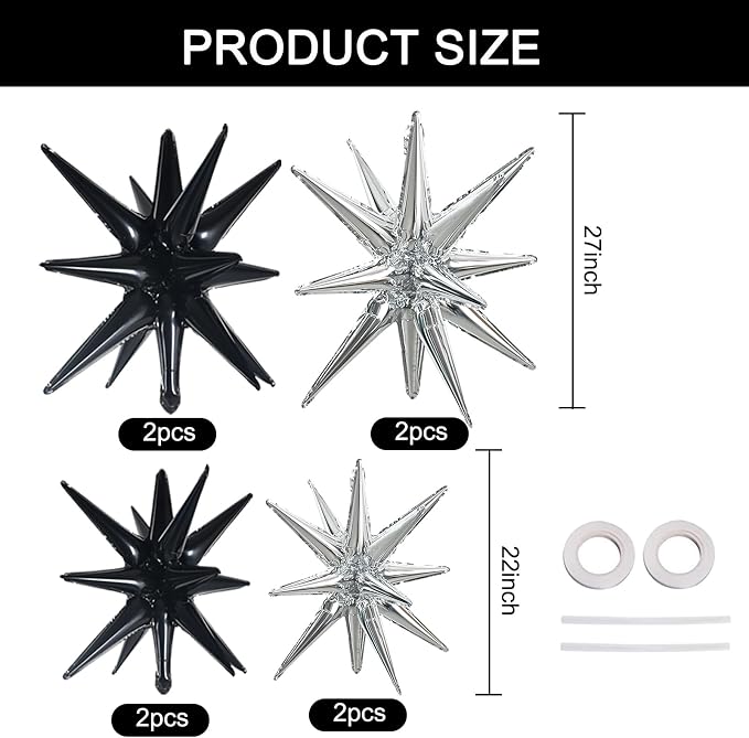 TONIFUL 8 Pcs Explosion Star Balloons Black and Silver Foil Party Decor | 2 - Image 2