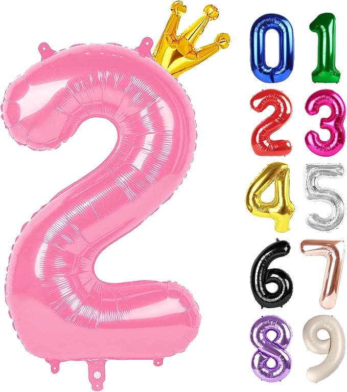2 Balloon - Pink with Crown Birthday Number Balloons, 40 Inch Decorations | by ALPHADELTAPI