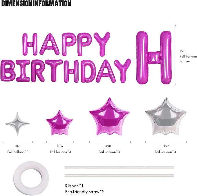 CANREVEL Happy Birthday Banner Decorations + 12Pcs Star Balloons, Hot Pink | - Image 2