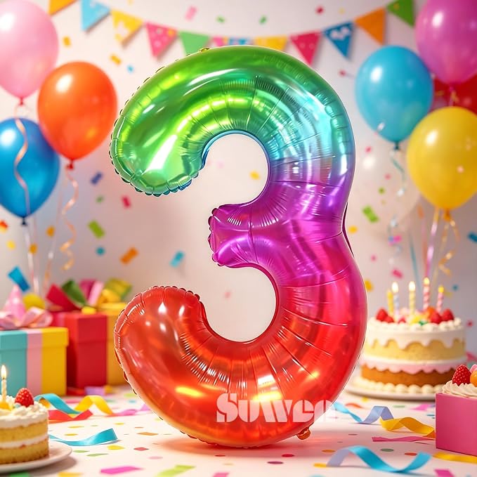 SUWEN Rainbow Number 3 Balloon 40 Inch, Big Colorful Balloons 0-9 | Large - Image 3