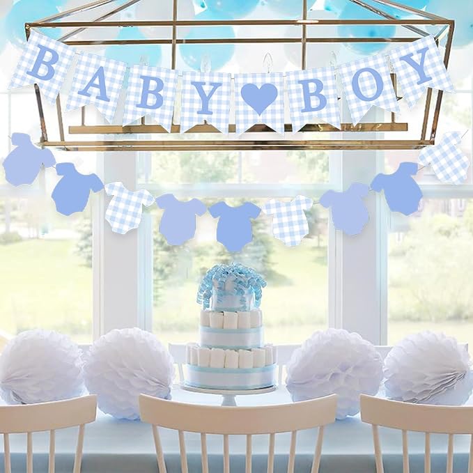 Blue Gingham Baby Banner Boy Plaid Welcome Baby Shower Sign Decoration - Image 3