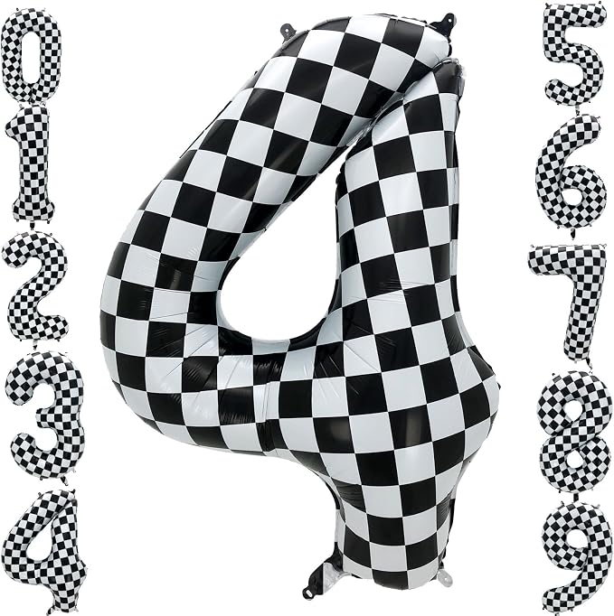 42 Inch Checkered Number Balloon 4, 4th Race Car Flag Birthday Party Supplies by Eoopoon