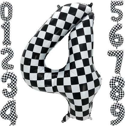 42 Inch Checkered Number Balloon 4, 4th Race Car Flag Birthday Party Supplies by Eoopoon