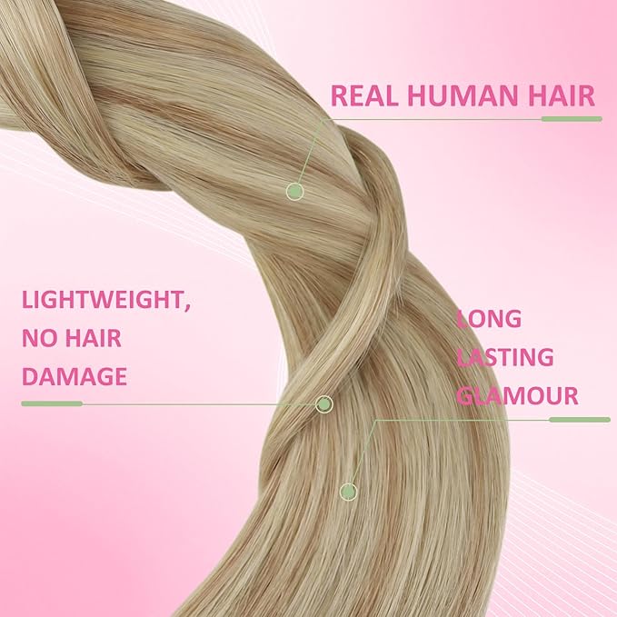 YoungSee Tape in Hair Extensions Human Hair Blonde Highlight Seamless Tape-in Hair Extensions Human Hair Light Blonde with Strawberry Blond Tape Extension Real Hair for Girls 14 Inch 20pcs 50g