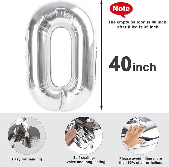 Number 0 Balloons Birthday Decorations, 40In Silver Balloons - Image 7